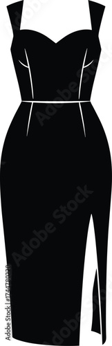 Black dress silhouette featuring sweetheart neckline, thin straps, floor-length skirt, and side slit for fashion design in vector style