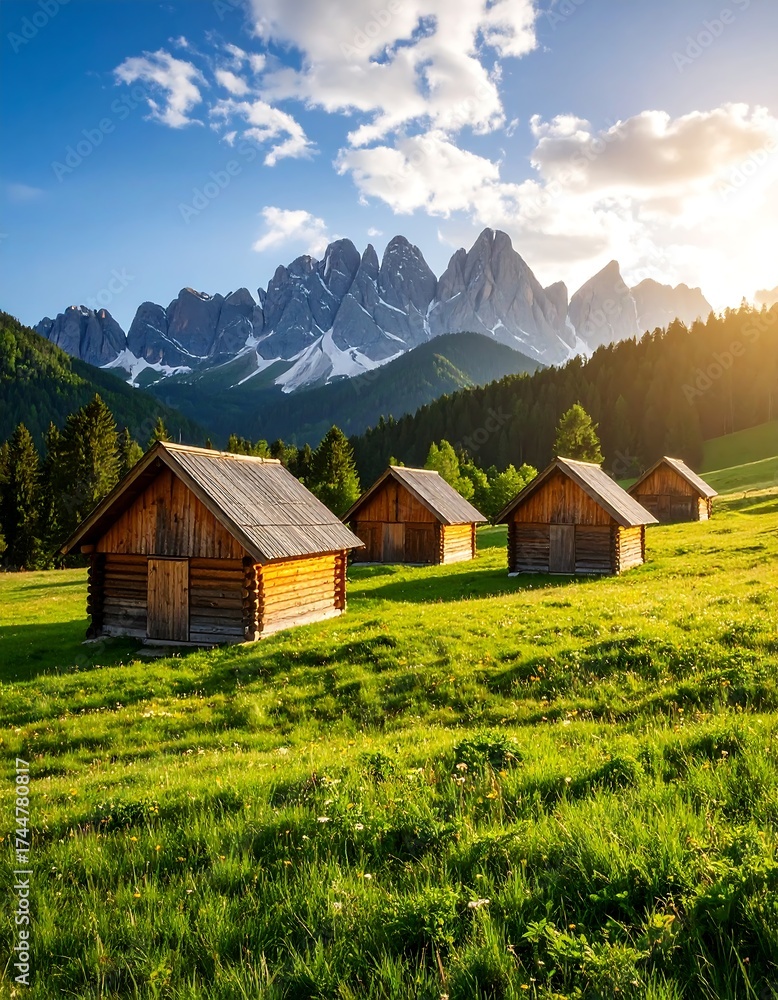 Fototapeta premium Scenic alpine huts nestled in lush green meadows under blue sky