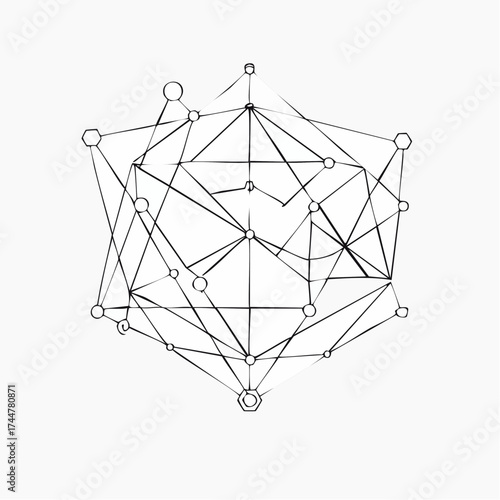 A complex geometric illustration featuring interconnected lines and circular nodes, forming a three-dimensional shape.