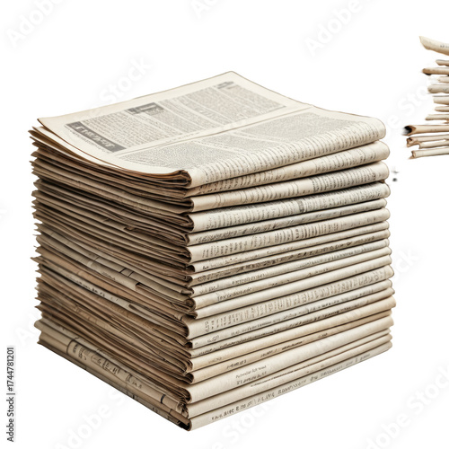 Stack of newspapers; newsprint, articles, headlines, information