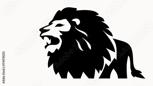 A black and white graphic illustration of a roaring lion head with a full mane and tail to the right