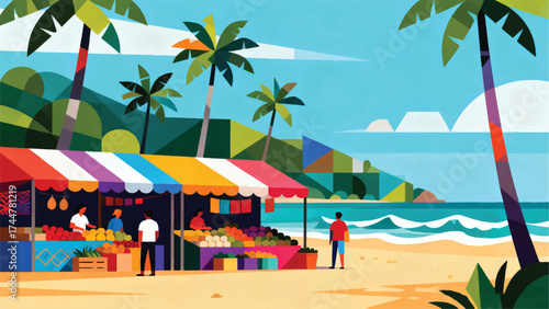 Illustration Of A Colorful Traditional Market With A Tropical Beach Background Vector Design Template