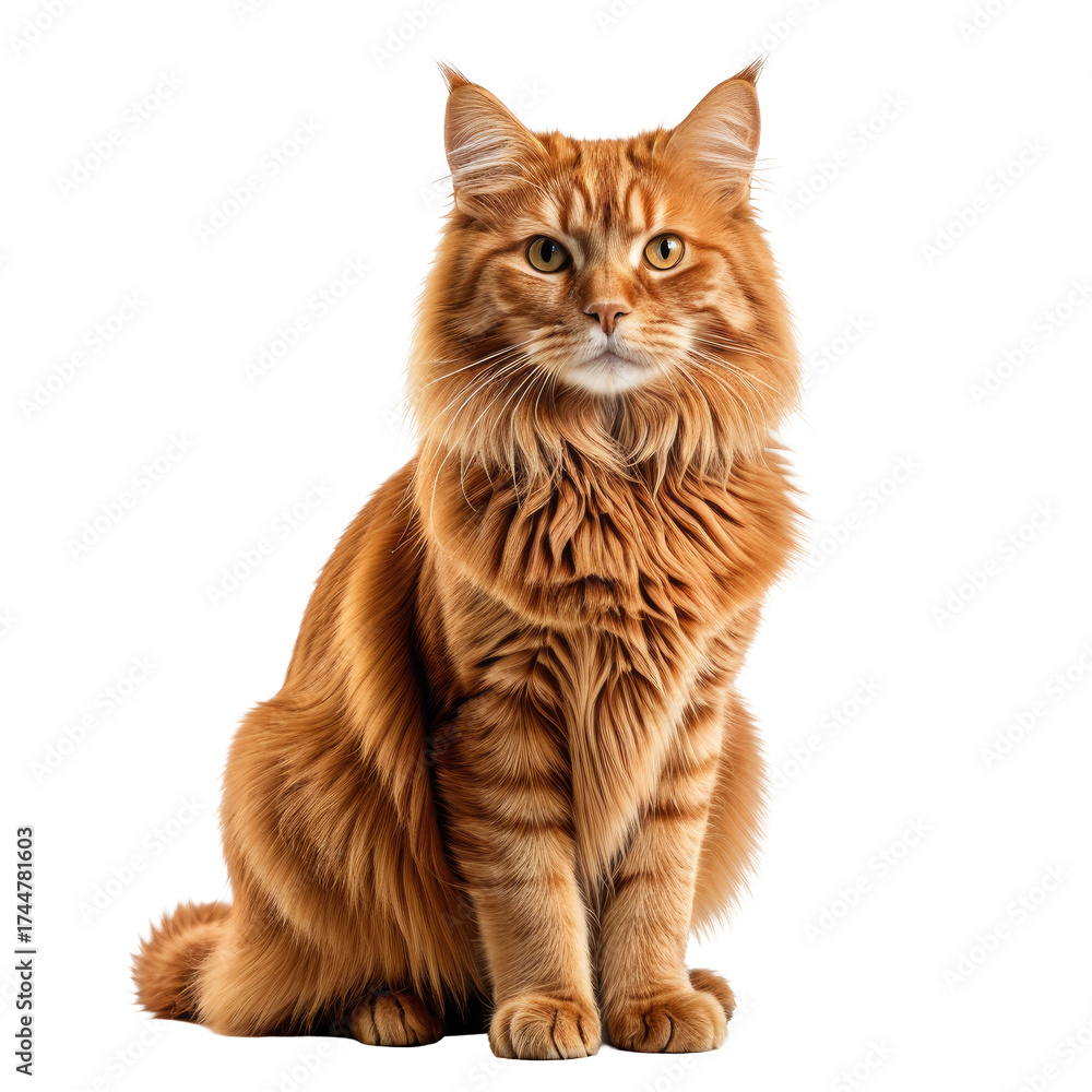 Fototapeta premium Elegant ginger cat with long fur sits and looks directly at the viewer