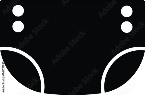 Black silhouette of reusable cloth diaper with adjustable buttons, contoured shape, leg openings, and waistband for baby care design