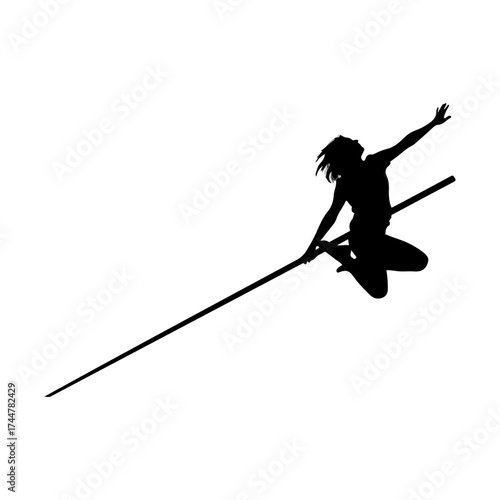 Silhouette of athlete pole vaulting against white background