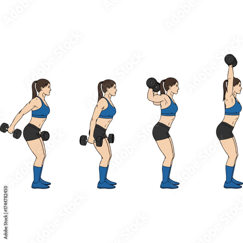 Woman performing dumbbell shoulder press exercise in sequence