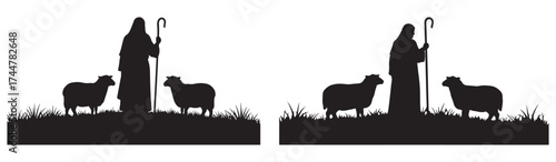 Two identical black silhouettes of a shepherd holding a staff, standing with two sheep on a grassy patch, against a white background.