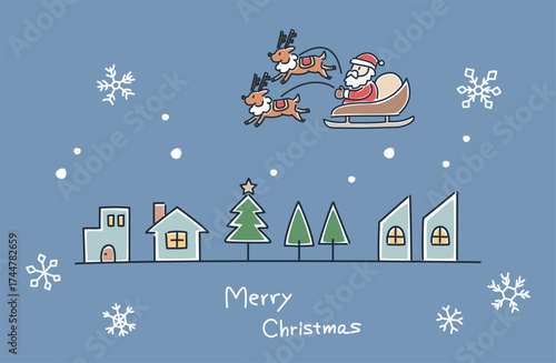 クリスマスの街並みとサンタクロースのベクターイラスト