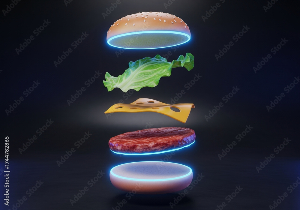 Obraz premium Exploded view of a futuristic hamburger with glowing blue neon accents against a dark background.
