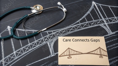 Stethoscope on Blackboard with Bridge Design and Care Connects Gaps Concept for Health Communication and Collaboration