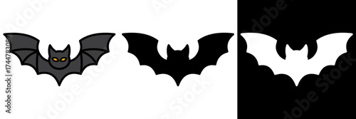A minimal flat vector set of flying bat silhouettes in different styles, black and white versions. Good for Halloween party invitations, spooky decorations, stickers, posters, web banners, etc.
