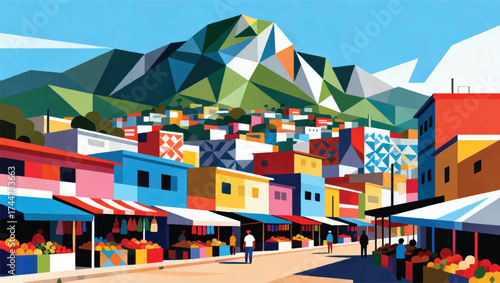 Illustration Of A Street Market With Mountains Behind The City Vector Design Template