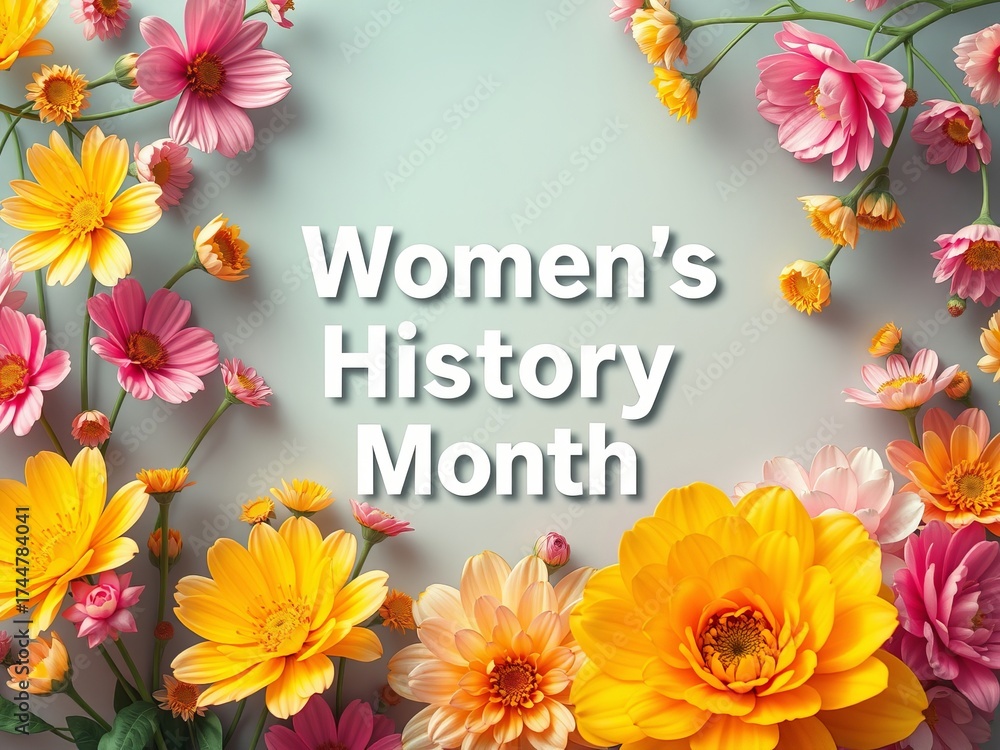 Fototapeta Women's History Month is commemorated with a vibrant floral arrangement of pink and yellow blossoms against a serene light background in recognition of women [150]