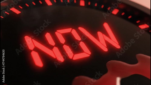 Digital clock with liquid melting effect transforming into the word now, concept of time passing,