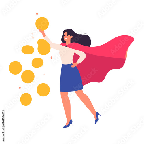 Empowered Woman with Cape Collecting Gold Coins.