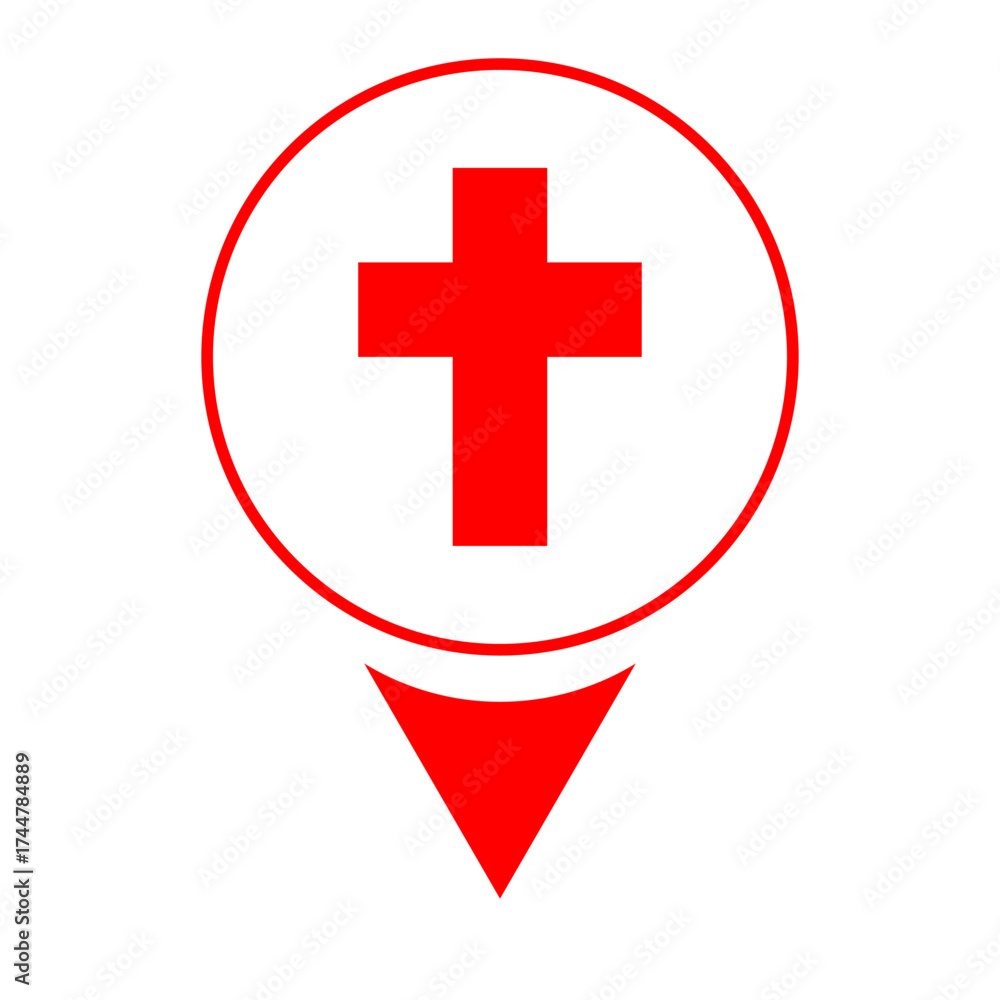 Obraz premium Red Christian cross inside a circle above a triangle, symbolizing faith, location, and spiritual presence. Suitable for religious design, signage, or digital maps.
