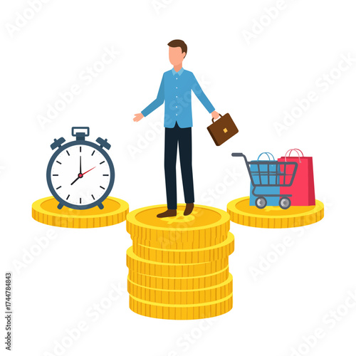 Man Balancing Time Money and Shopping on Gold Coins.