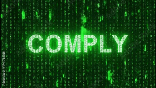 Digital Compliance Matrix Visual: Evolving Code Stream with Comply Text Overlay