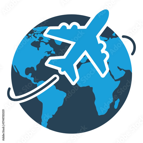 Vector art of airplane flying around the globe, symbolizing travel and global connectivity