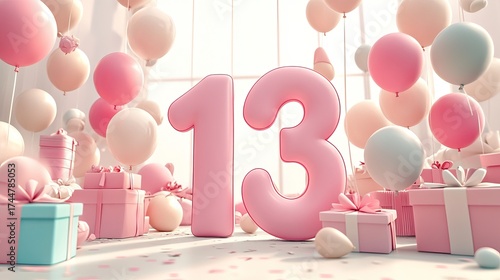 Soft Pastel Balloon and Gift Setup for Thirteenth Birthday