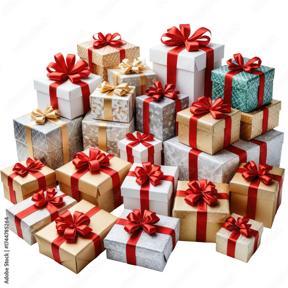 Fototapeta premium Gift mountain of presents with ribbons and bows stacked in a pile