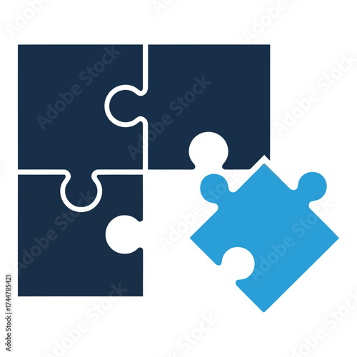 Vector art of four dark blue puzzle pieces forming a square with one light blue piece detached