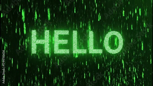 Digital Stream Formation: Dynamic Green Code Rain Reveals Hello Message Animation