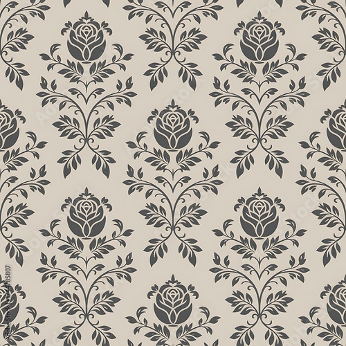 Elegant seamless damask wallpaper pattern with intricate floral motifs and swirling vine designs in muted tones