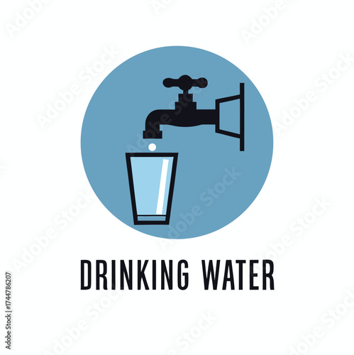 Tapping water drops on a glass. Drinking water sign. Safe water to drink sign. Vector sign isolated on a blue circled background.


