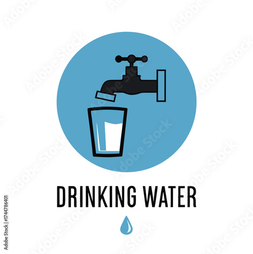 Tapping water drops on a glass. Drinking water sign. Safe water to drink sign. Vector sign isolated on a blue circled background.

