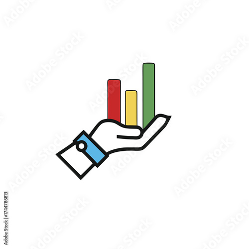 Stock market business logo icon. Statistical graph in hand icon. Statistical ups and downs graph analysis with hand icon. Analysis of market mood with graph icon.

