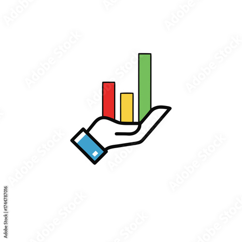 Stock market business logo icon. Statistical graph in hand icon. Statistical ups and downs graph analysis with hand icon. Analysis of market mood with graph icon.

