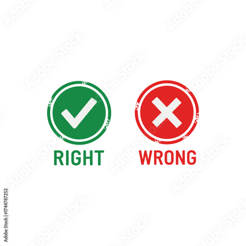 Green checkmark inside a circle and a red X inside a circle, labeled "Right" and "Wrong" respectively, with a slightly distressed texture.