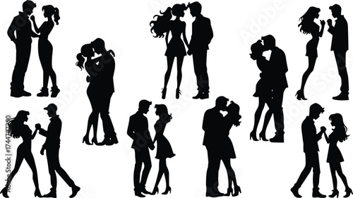 Set of nine black silhouettes of romantic couples in affectionate poses including kissing, embracing, and holding hands