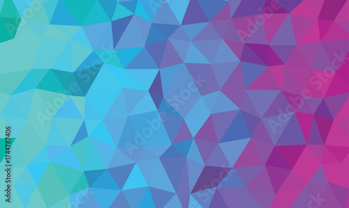 Vibrant triangle mosaic blends turquoise, blue, and purple hues creating a colorful low poly spectrum