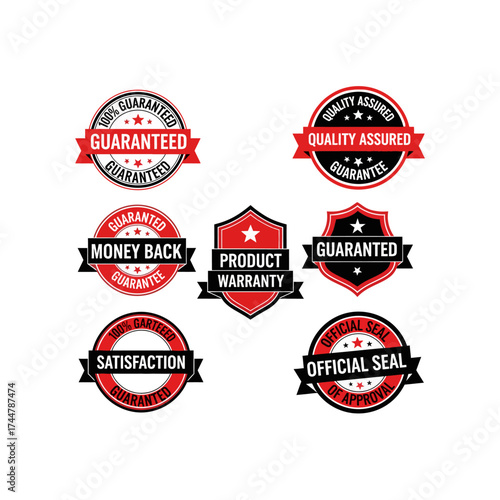A comprehensive set of seven distinct vector badges and labels, designed in red, black, and white, signifying product quality, money-back guarantees, satisfa...