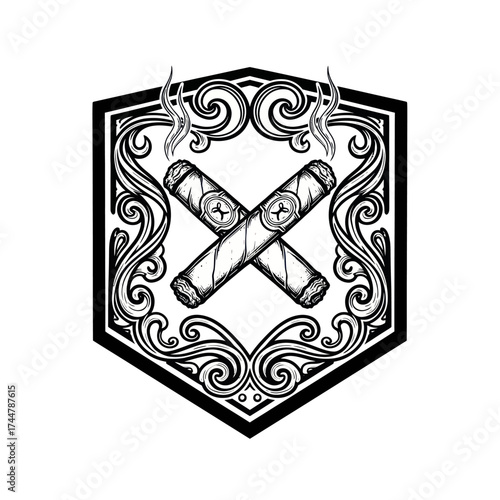 Crossed Cigars with Ornate Swirls in a Hexagonal Frame.