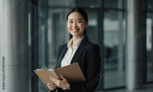 Smiling Professional Woman with Clipboard in Modern Office