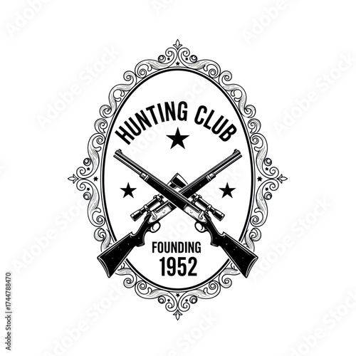 Hunting Club Emblem with Crossed Shotguns and Ornate Frame.