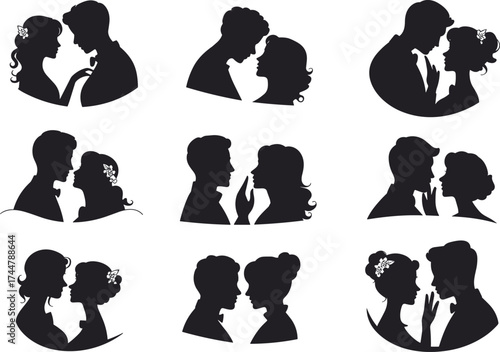 Set of nine romantic couple silhouettes in intimate poses including kissing, holding hands, and face-touching gestures in black