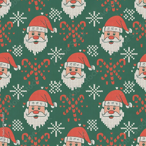 Whimsical christmas pattern featuring santa claus faces candy canes and snowflakes on a festive green background