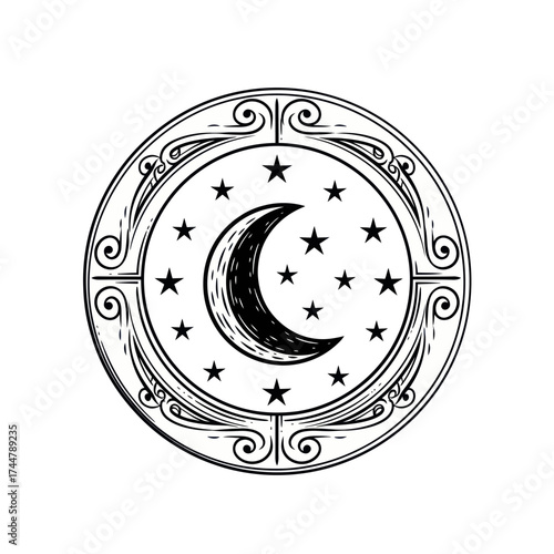 Mystical Moon and Stars in Ornate Circular Frame.