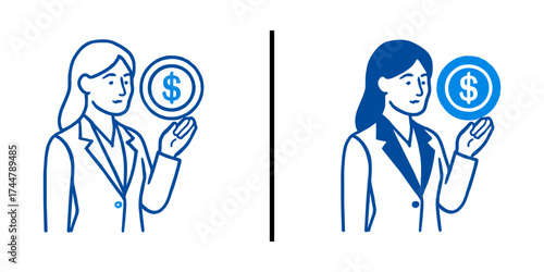 Fotografie Financial Visionary: A line art illustration showcasing a business woman holding a coin, a symbol of financial acumen, strategic planning, and economic understanding
