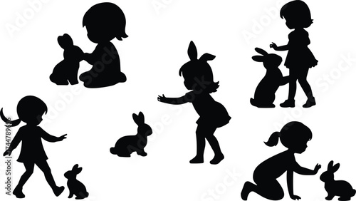 Set of six black silhouettes showing children interacting with rabbits in playful and affectionate poses for animal and family themes