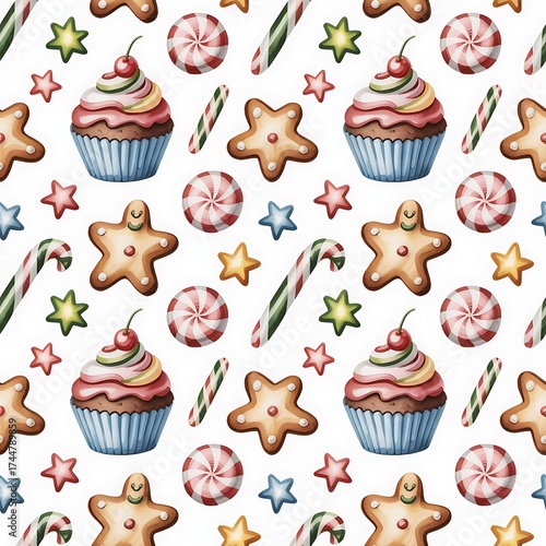 Seamless watercolor pattern of festive christmas cupcakes gingerbread cookies candy canes and snowflakes on white background