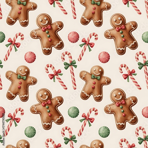 Festive christmas seamless pattern featuring gingerbread men candy canes and colorful round candies on a light background