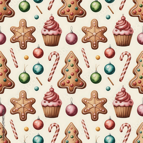 Festive christmas seamless pattern with gingerbread cookies cupcakes and ornaments on a light background