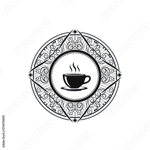 Steaming coffee cup in ornate circular frame.