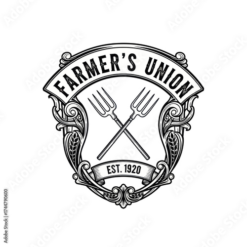 Vintage Farmers Union emblem with crossed pitchforks and shield.