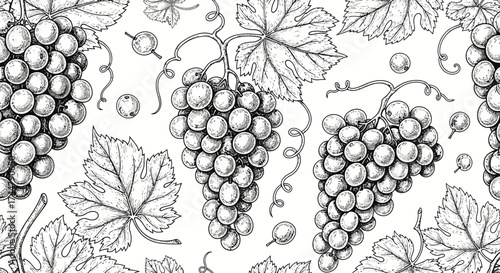 Seamless pattern featuring detailed grape bunches, leaves, and tendrils in a black and white sketch style.